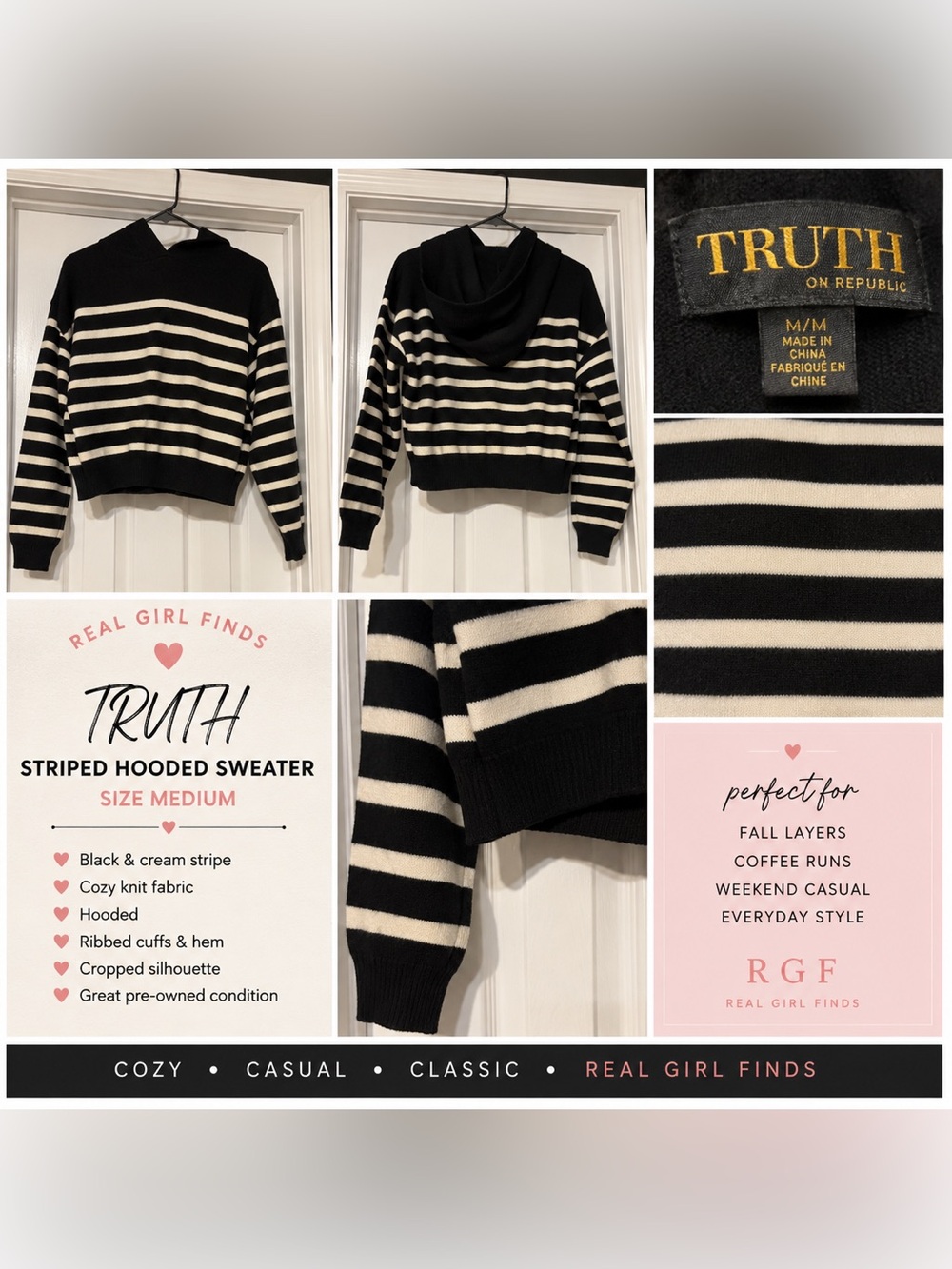 Truth Black and Cream Striped Hooded Crop Sweater